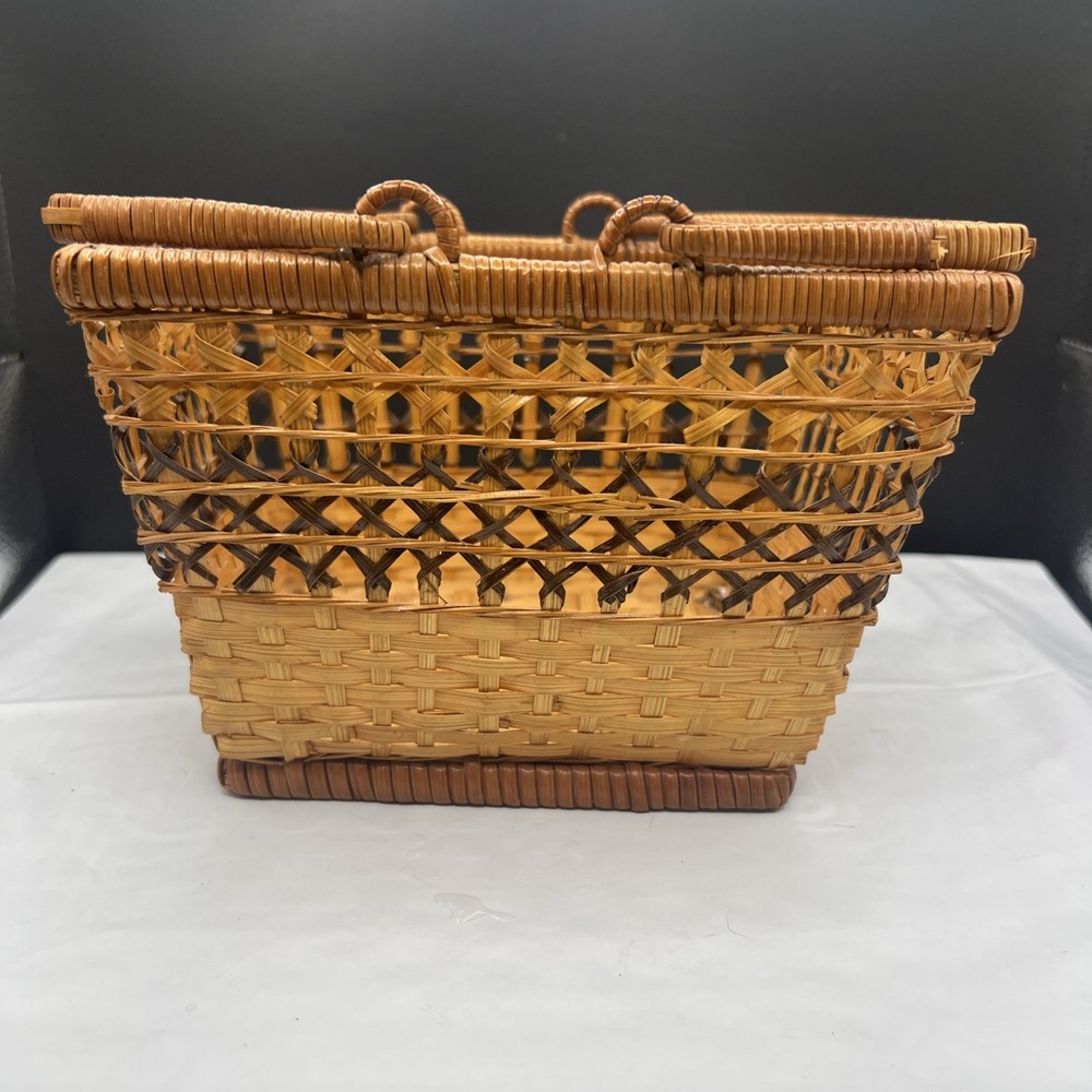 Vintage Wicker Basket 7x5.5 Two Tone Woven Double Swing Handle Decorative Box